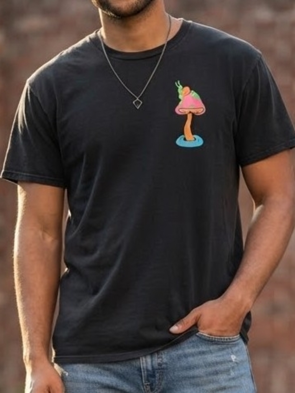 Black Short-Sleeve Graphic Tee with Colorful Mushroom Print